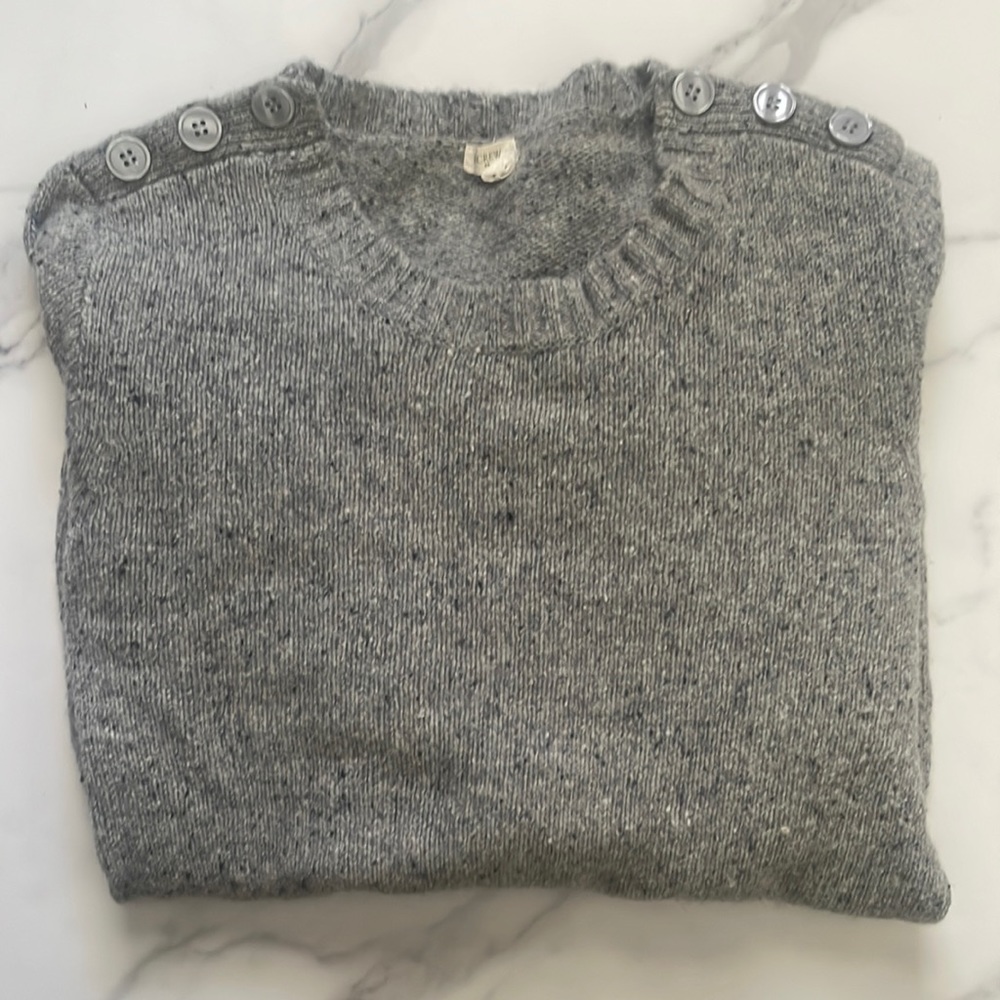 J.CREW gray sweater with black speckles and three buttons on each shoulder (Sm)